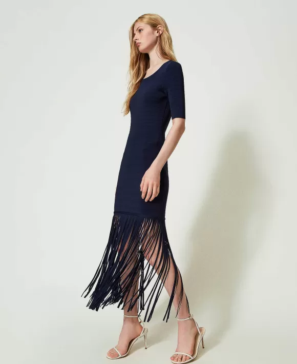 TWINSET Milano Abito Corto Fitted In Maglia Con Frange Blu Sale