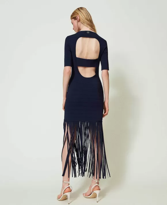 TWINSET Milano Abito Corto Fitted In Maglia Con Frange Blu Sale