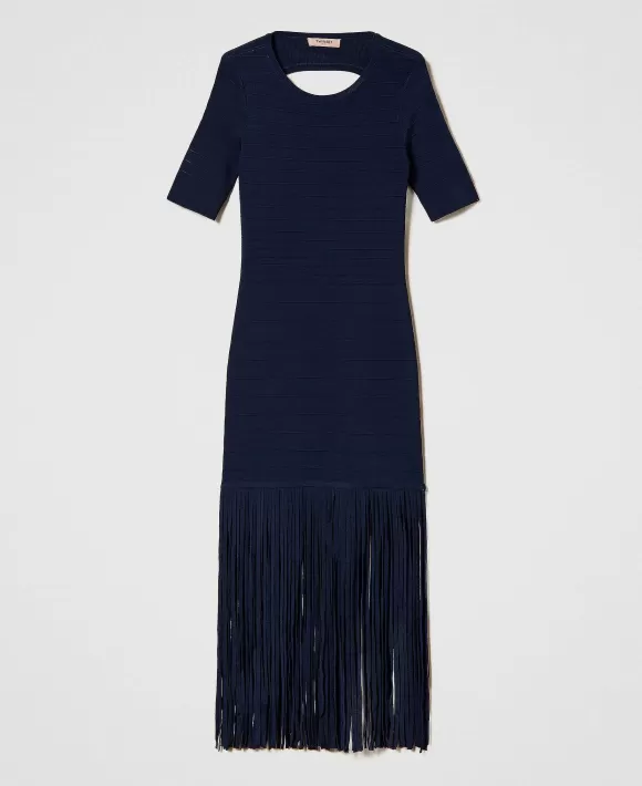 TWINSET Milano Abito Corto Fitted In Maglia Con Frange Blu Sale