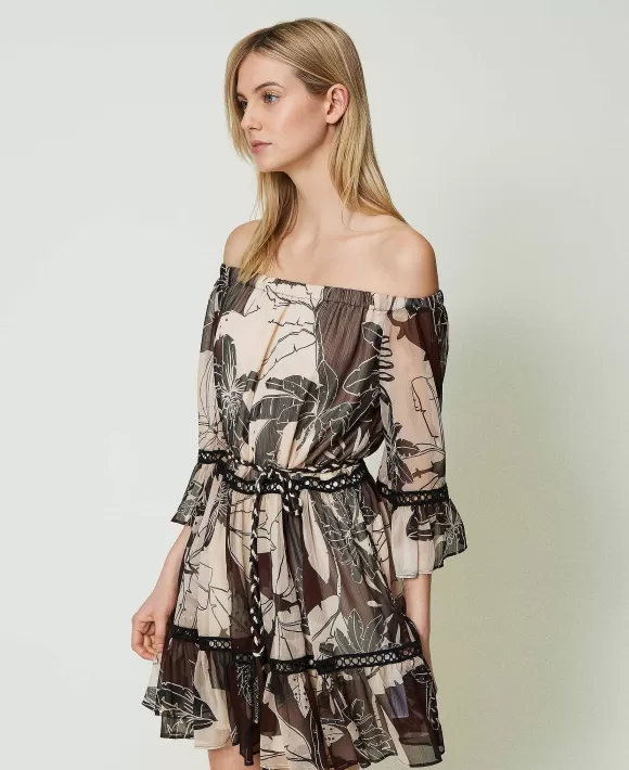 TWINSET Milano Abito Corto In Creponne Stampato Marrone New
