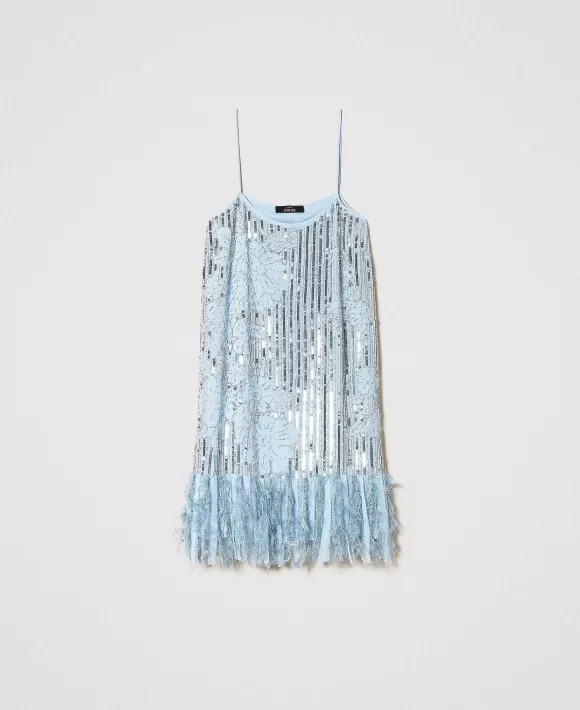 TWINSET Milano Abito Corto In Georgette Con Ricami Azzurro Outlet