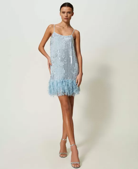 TWINSET Milano Abito Corto In Georgette Con Ricami Azzurro Outlet