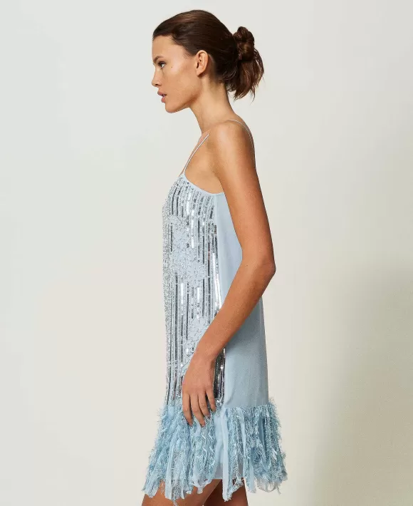 TWINSET Milano Abito Corto In Georgette Con Ricami Azzurro Outlet