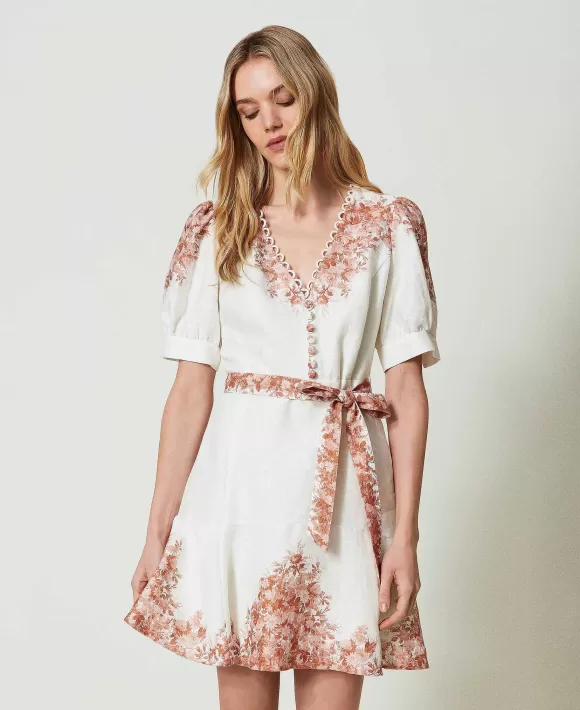 TWINSET Milano Abito Corto In Lino Con Stampa A Fiori Bianco Cheap