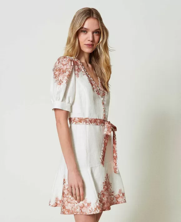 TWINSET Milano Abito Corto In Lino Con Stampa A Fiori Bianco Cheap