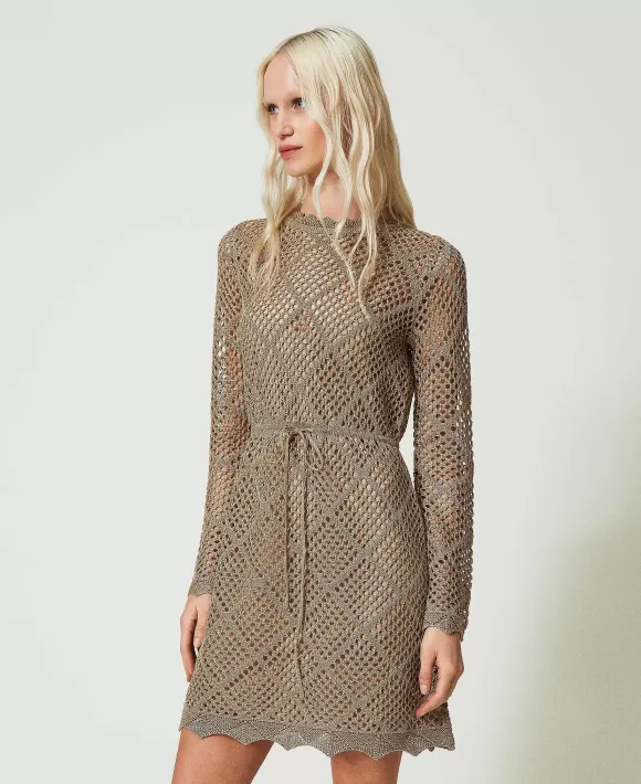 TWINSET Milano Abito Corto In Maglia A Rete Lurex Marrone Shop