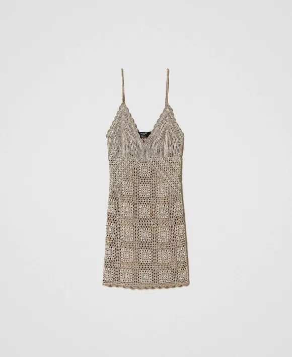 TWINSET Milano Abito Corto In Maglia Crochet Lurex Multicolor Beige New
