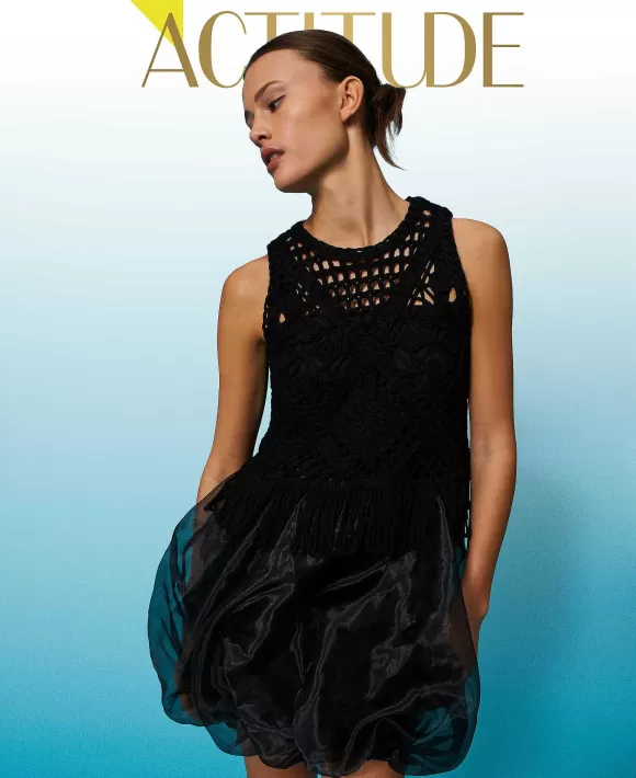 TWINSET Milano Abito Corto In Maglia Ricamata E Organza Nero Online