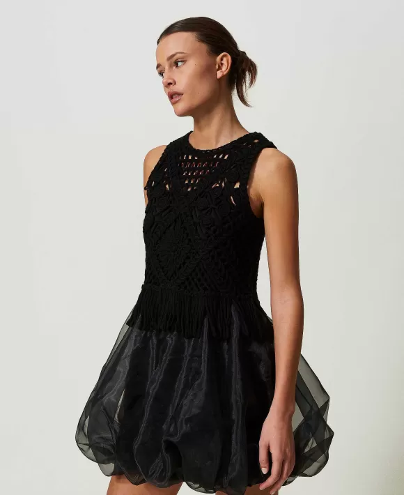 TWINSET Milano Abito Corto In Maglia Ricamata E Organza Nero Online