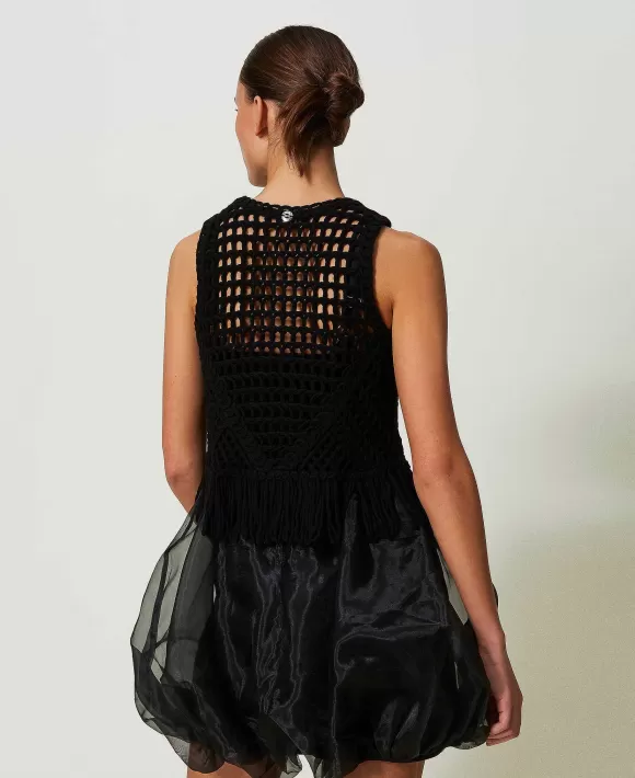 TWINSET Milano Abito Corto In Maglia Ricamata E Organza Nero Online