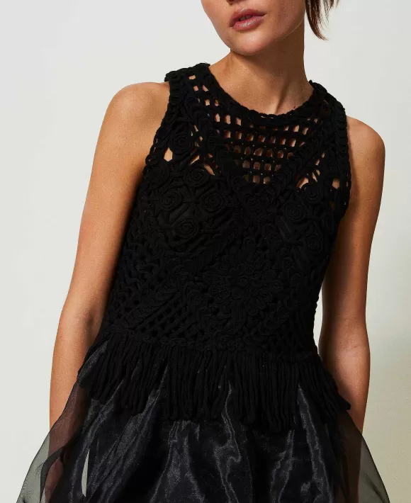 TWINSET Milano Abito Corto In Maglia Ricamata E Organza Nero Online