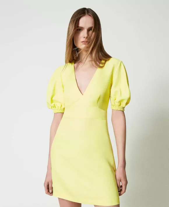 TWINSET Milano Abito Corto In Misto Lino Con Maniche Balloon Giallo Hot