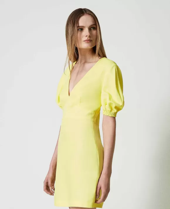 TWINSET Milano Abito Corto In Misto Lino Con Maniche Balloon Giallo Hot