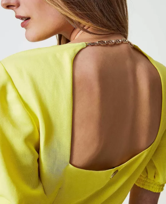 TWINSET Milano Abito Corto In Misto Lino Con Maniche Balloon Giallo Hot
