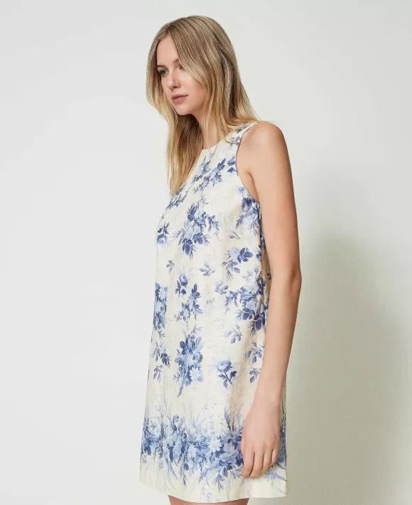 TWINSET Milano Abito Corto In Misto Lino Con Stampa A Fiori Fantasia Clearance