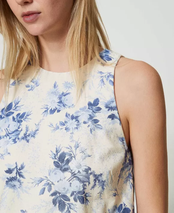 TWINSET Milano Abito Corto In Misto Lino Con Stampa A Fiori Fantasia Clearance