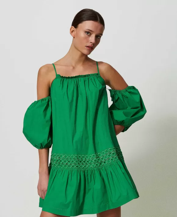 TWINSET Milano Abito Corto In Popeline Con Maniche Balloon Verde Flash Sale
