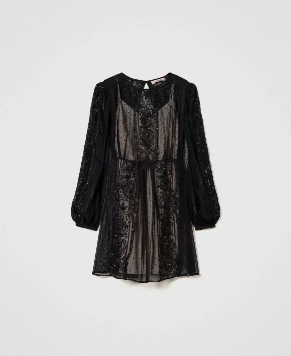 TWINSET Milano Abito Corto In Rete Con Ricamo Floreale Nero Flash Sale