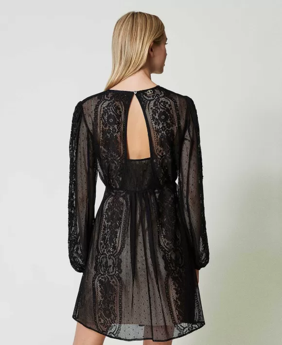 TWINSET Milano Abito Corto In Rete Con Ricamo Floreale Nero Flash Sale