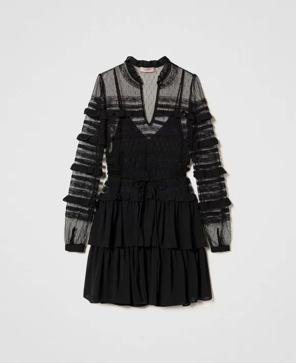 TWINSET Milano Abito Corto In Tulle Plumetis E Pizzo Nero Sale