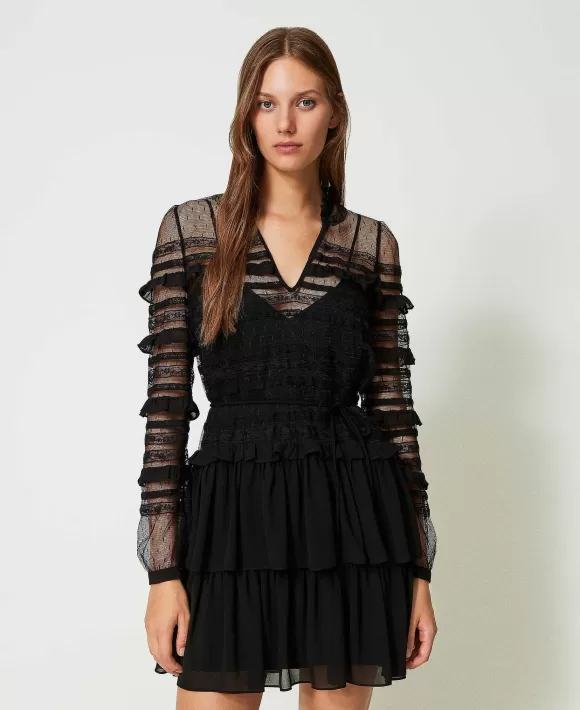 TWINSET Milano Abito Corto In Tulle Plumetis E Pizzo Nero Sale