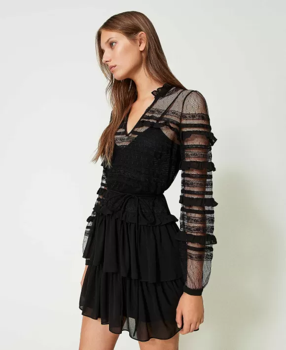 TWINSET Milano Abito Corto In Tulle Plumetis E Pizzo Nero Sale