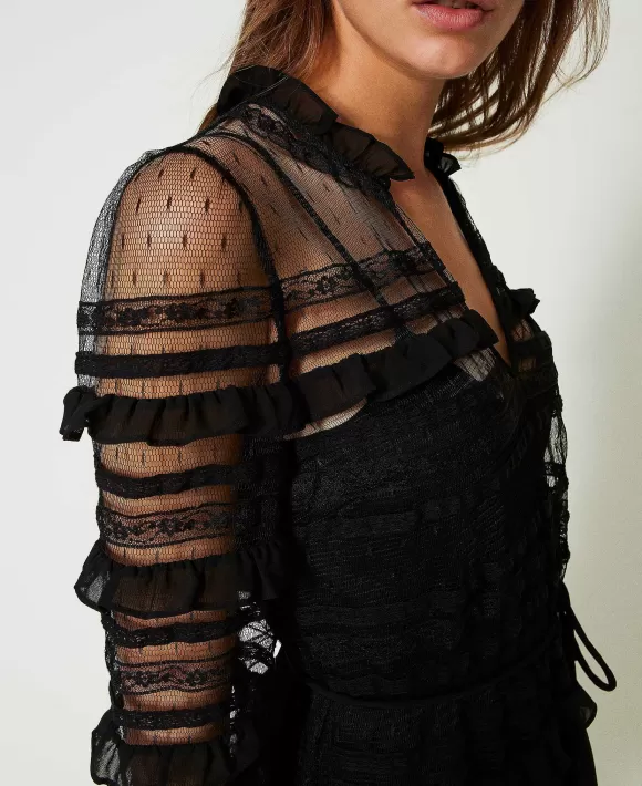 TWINSET Milano Abito Corto In Tulle Plumetis E Pizzo Nero Sale