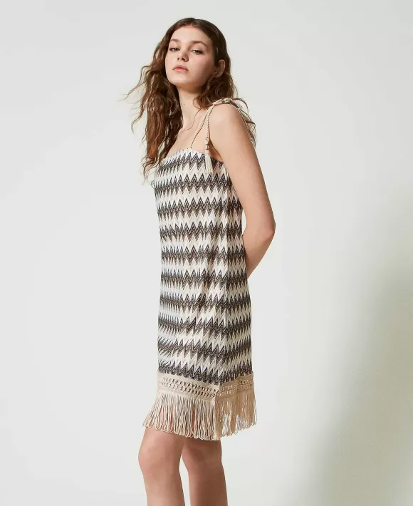 TWINSET Milano Abito Corto Jacquard Con Frange Marrone Cheap