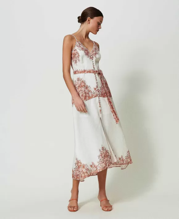 TWINSET Milano Abito Longuette In Lino Con Stampa A Fiori Bianco Discount