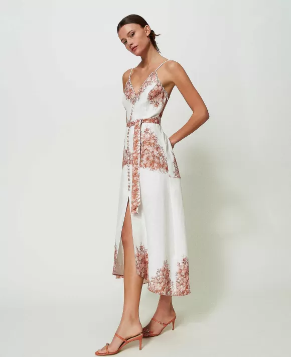 TWINSET Milano Abito Longuette In Lino Con Stampa A Fiori Bianco Discount