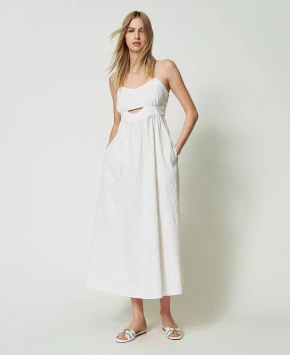 TWINSET Milano Abito Longuette In Misto Lino A Righe Lurex Bianco New
