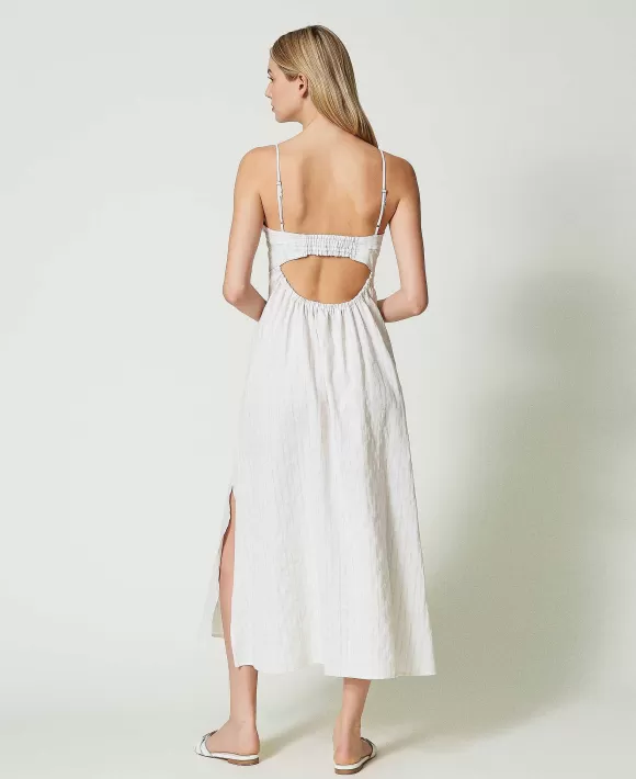TWINSET Milano Abito Longuette In Misto Lino A Righe Lurex Bianco New
