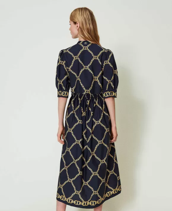TWINSET Milano Abito Longuette In Popeline Con Stampa Catene Nero Shop