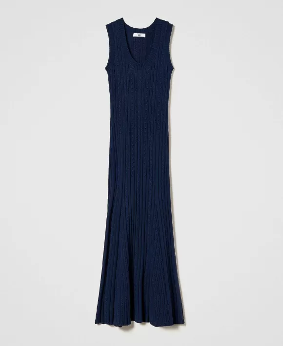TWINSET Milano Abito Lungo Con Mix Di Punti E Trecce Blu New