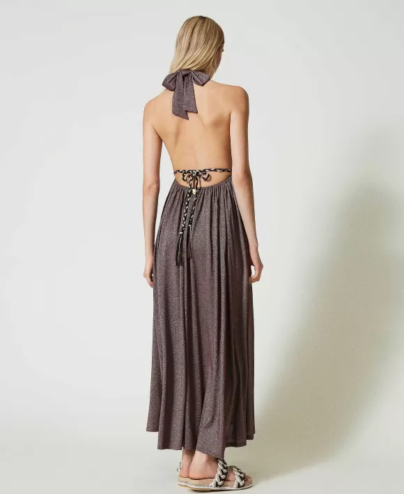 TWINSET Milano Abito Lungo Con Pizzo Intrecciato Marrone Discount