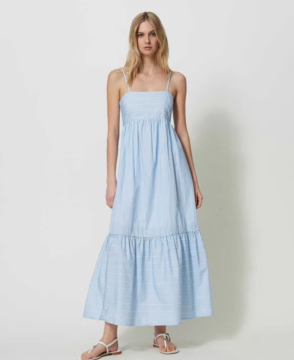 TWINSET Milano Abito Lungo Con Stampa A Righe E Logo Azzurro Flash Sale