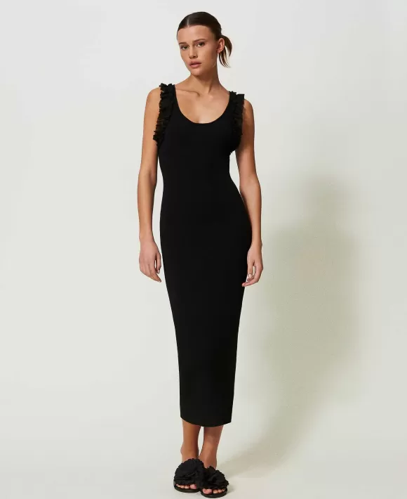 TWINSET Milano Abito Lungo Fitted A Costine Con Volant Nero Online