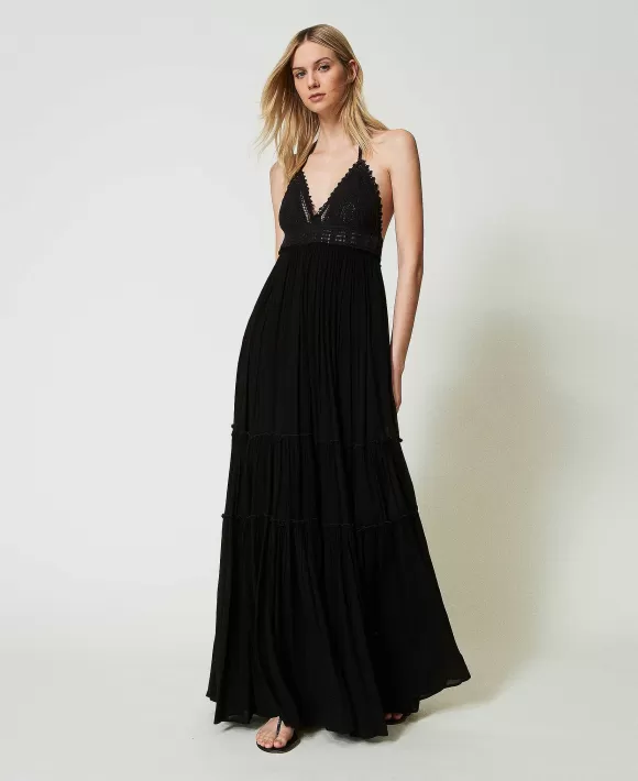 TWINSET Milano Abito Lungo In Creponne E Crochet Nero Cheap