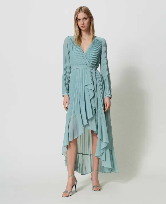 TWINSET Milano Abito Lungo In Georgette Pliss Azzurro Discount