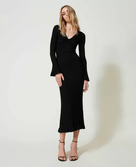 TWINSET Milano Abito Lungo In Maglia A Costine Nero Sale