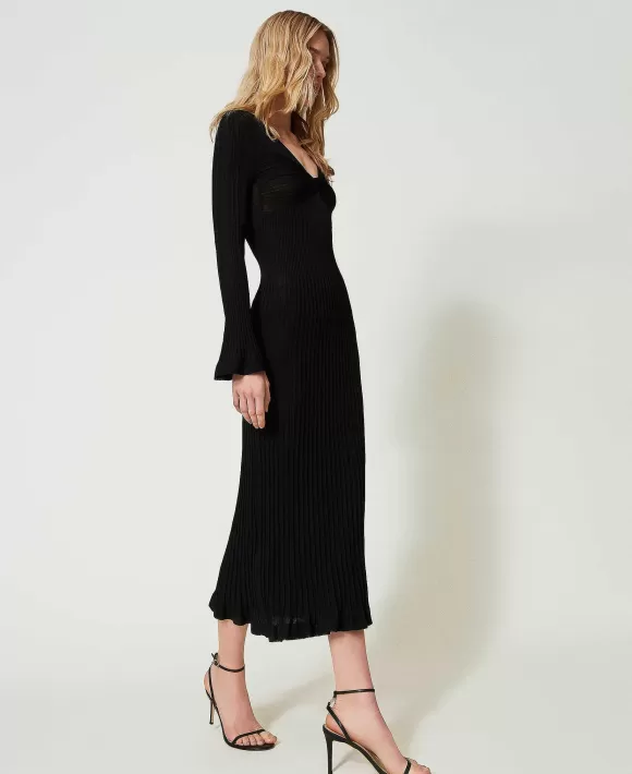TWINSET Milano Abito Lungo In Maglia A Costine Nero Sale