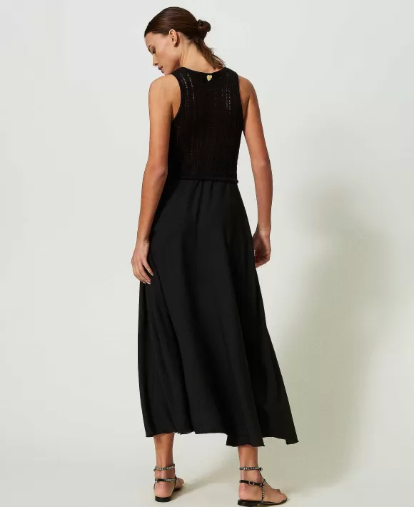 TWINSET Milano Abito Lungo In Maglia E Georgette Nero New