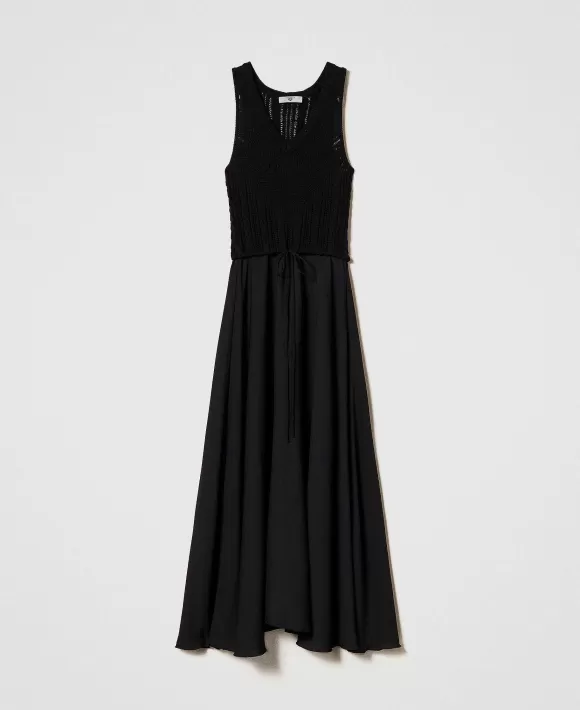 TWINSET Milano Abito Lungo In Maglia E Georgette Nero New