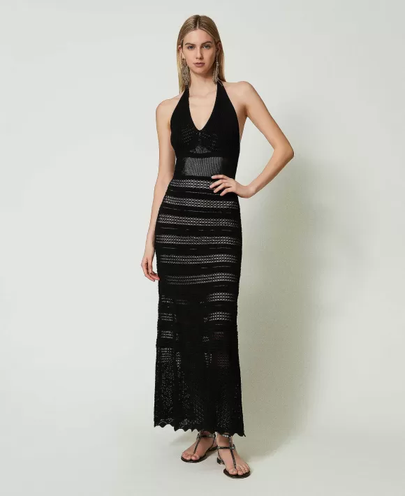TWINSET Milano Abito Lungo In Maglia Effetto Pizzo Nero Clearance