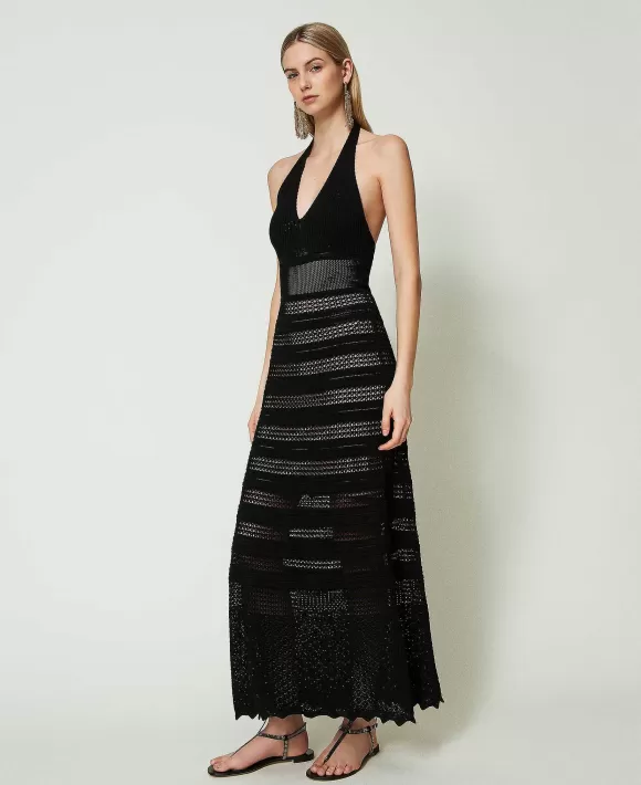 TWINSET Milano Abito Lungo In Maglia Effetto Pizzo Nero Clearance