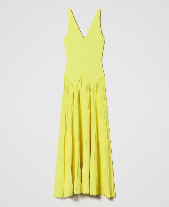 TWINSET Milano Abito Lungo In Maglia Effetto Pliss Giallo Clearance