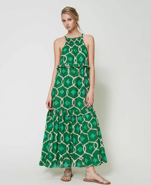 TWINSET Milano Abito Lungo In Mussola Stampata Verde Cheap
