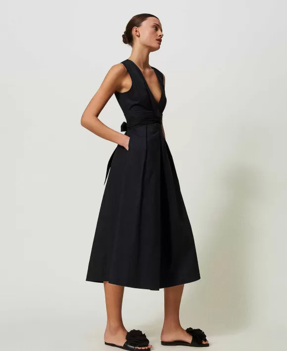 TWINSET Milano Abito Lungo In Popeline Con Nodo Nero Cheap