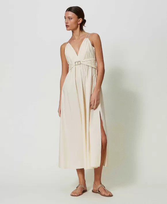 TWINSET Milano Abito Lungo In Popeline Con Oval T E Lacci Beige Cheap