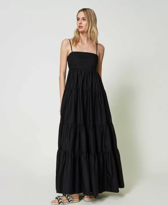 TWINSET Milano Abito Lungo In Popeline Con Pliss E Balze Nero Clearance